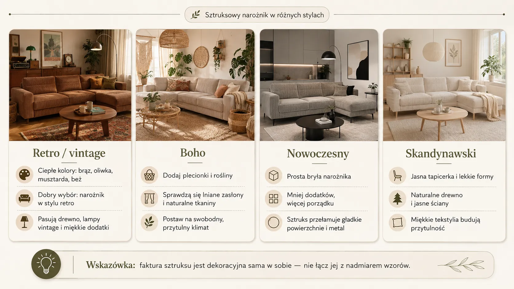 Sztruksowy narożnik w różnych stylach