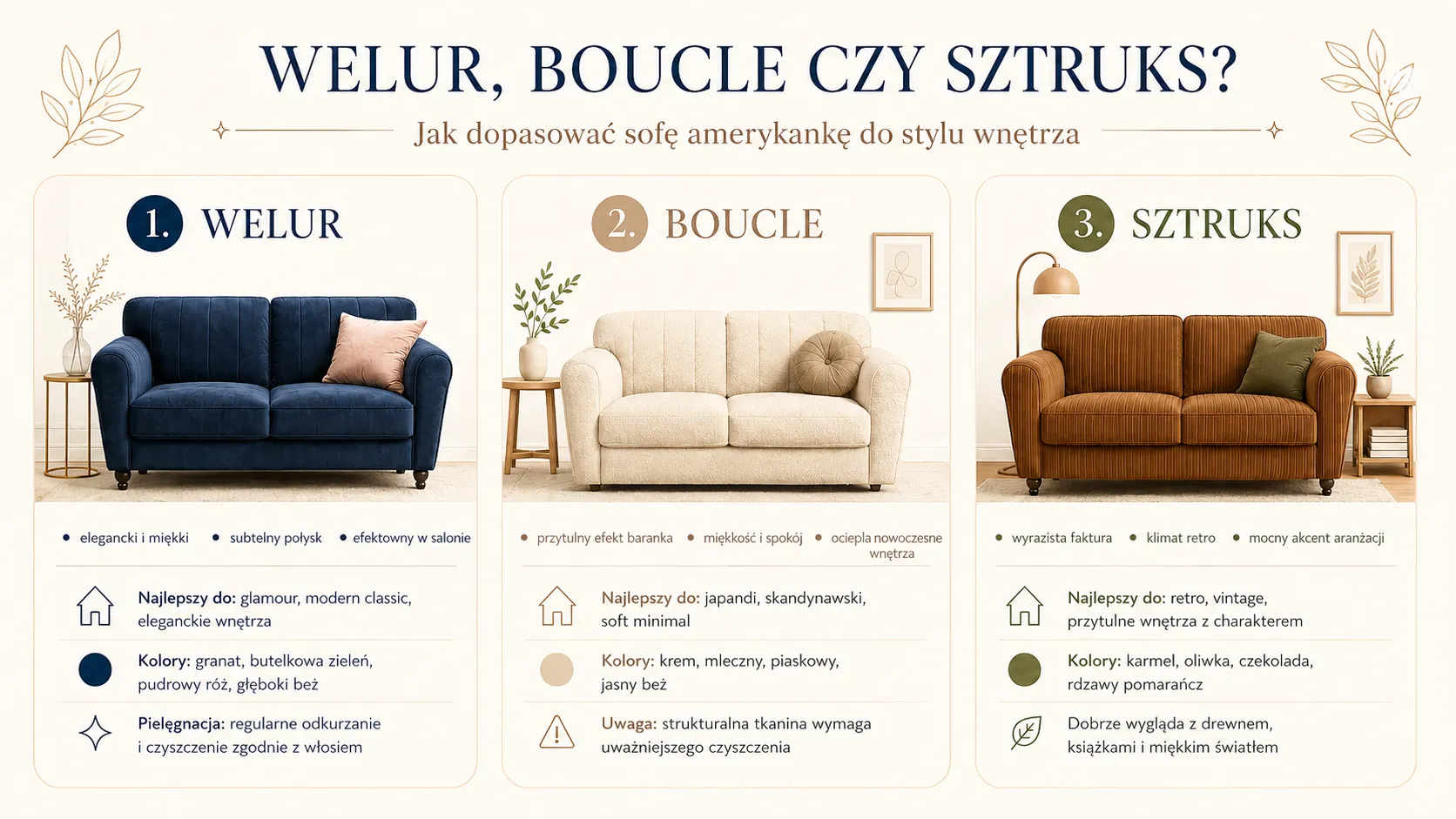 Welur, boucle czy sztruks? Jak dopasować sofę amerykankę do stylu wnętrza?