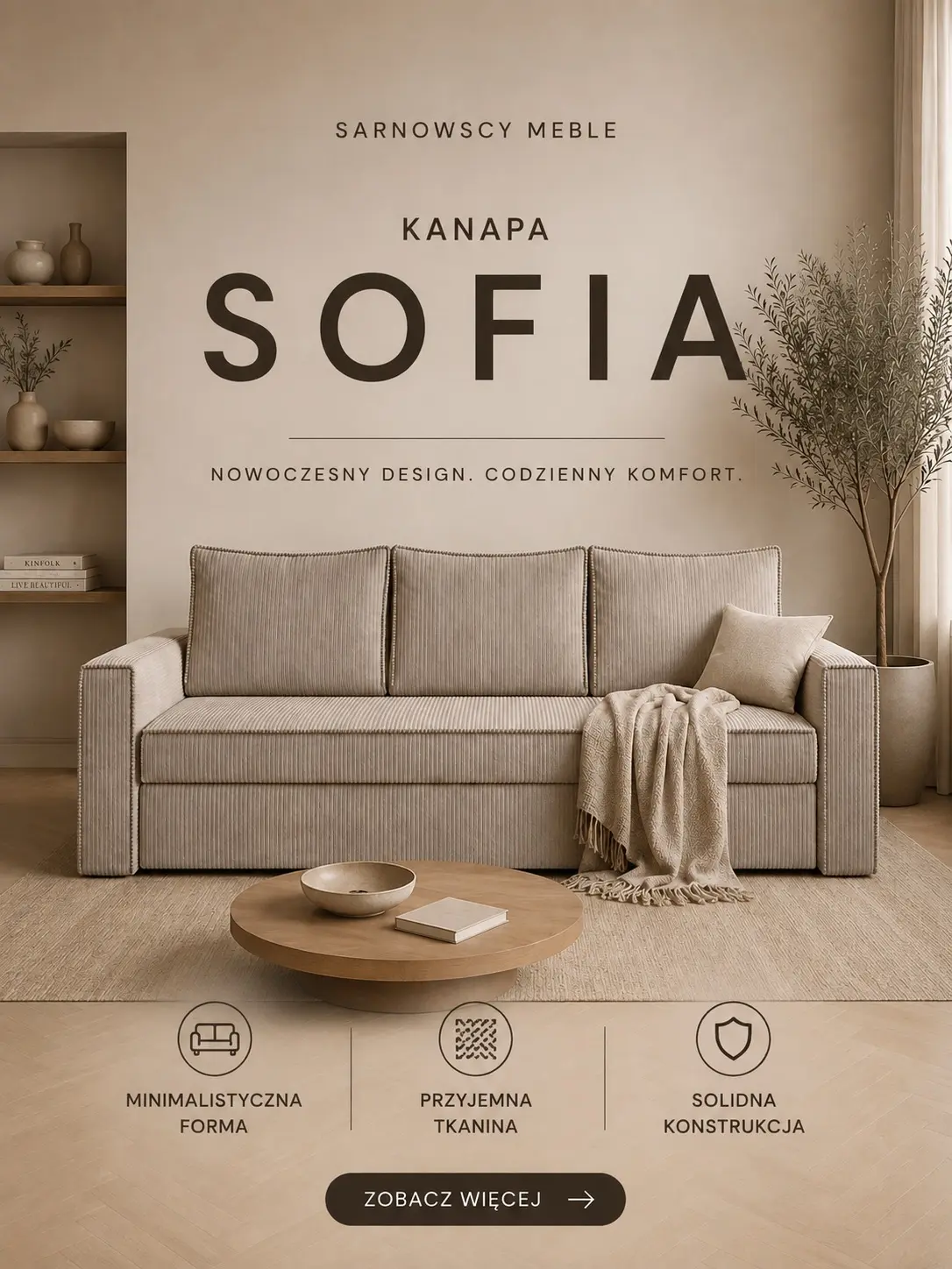 Funkcjonalna rozkładana kanapa Sofia w tkaninie sztruksowej