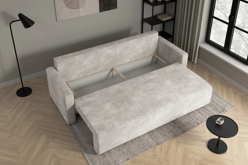 Kremowa kanapa sofa do salonu z funkcją spania Bergamo sztruks Poso