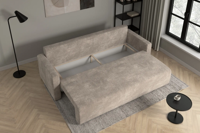 Beżowa kanapa sofa 3-osobowa rozkładana do salonu Bergamo sztruks Poso