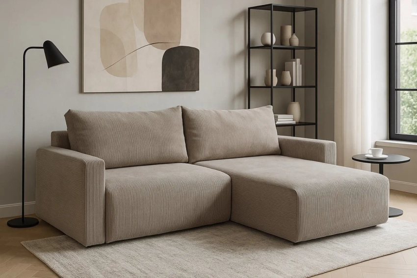 Komfortowy narożnik Bergamo z funkcją spania, sofa z pojemnikiem na pościel