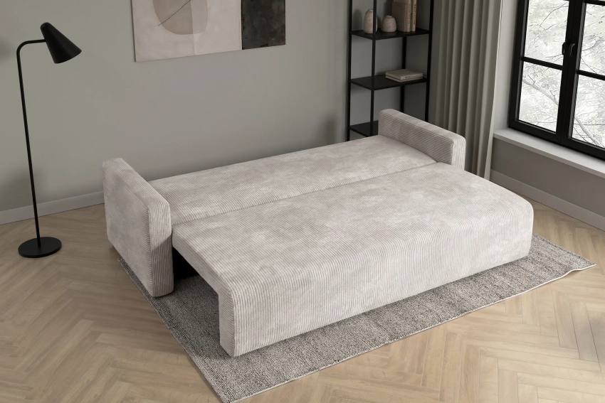 Kremowa kanapa sofa do salonu z funkcją spania Bergamo sztruks Poso