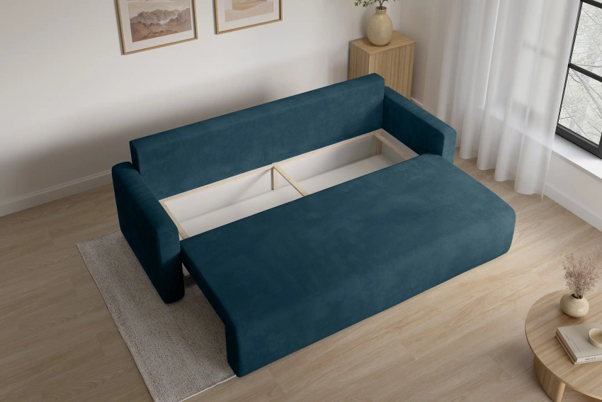 Granatowa kanapa sofa z funkcją spania do salonu Bergamo welur Monolith