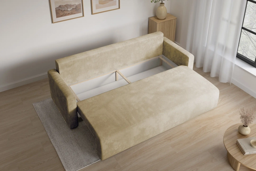 Beżowa kanapa sofa 3-osobowa z funkcją spania Bergamo welur Monolith