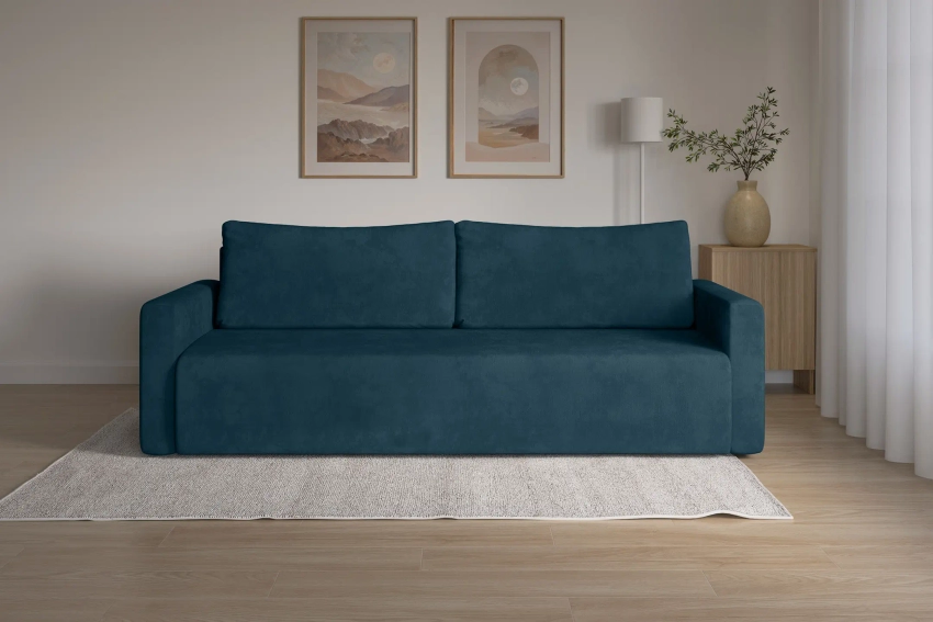 Granatowa kanapa sofa z funkcją spania do salonu Bergamo welur Monolith