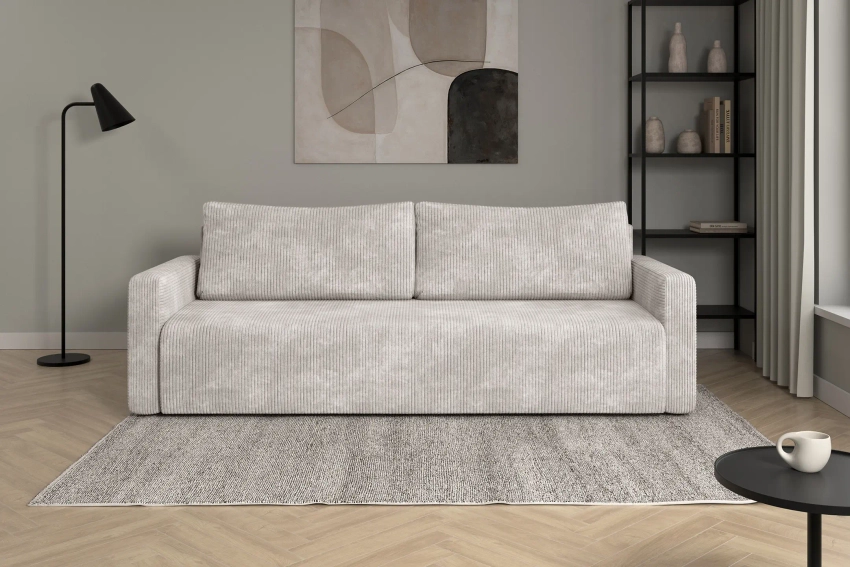 Kremowa kanapa sofa do salonu z funkcją spania Bergamo sztruks Poso