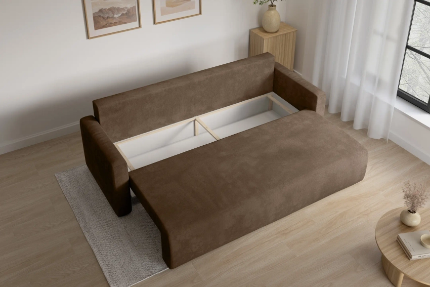 Brązowa rozkładana kanapa sofa do salonu Bergamo welur Monolith
