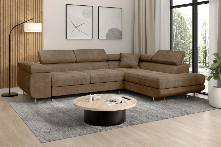 Narożnik z funkcją spania do salonu Rio prawy brązowy Monolith