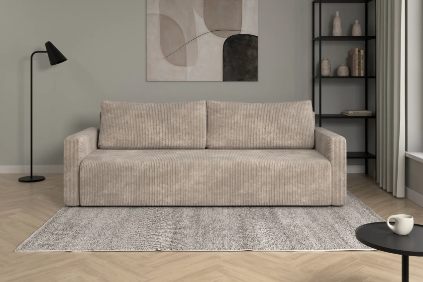 Beżowa kanapa sofa 3-osobowa rozkładana do salonu Bergamo sztruks Poso