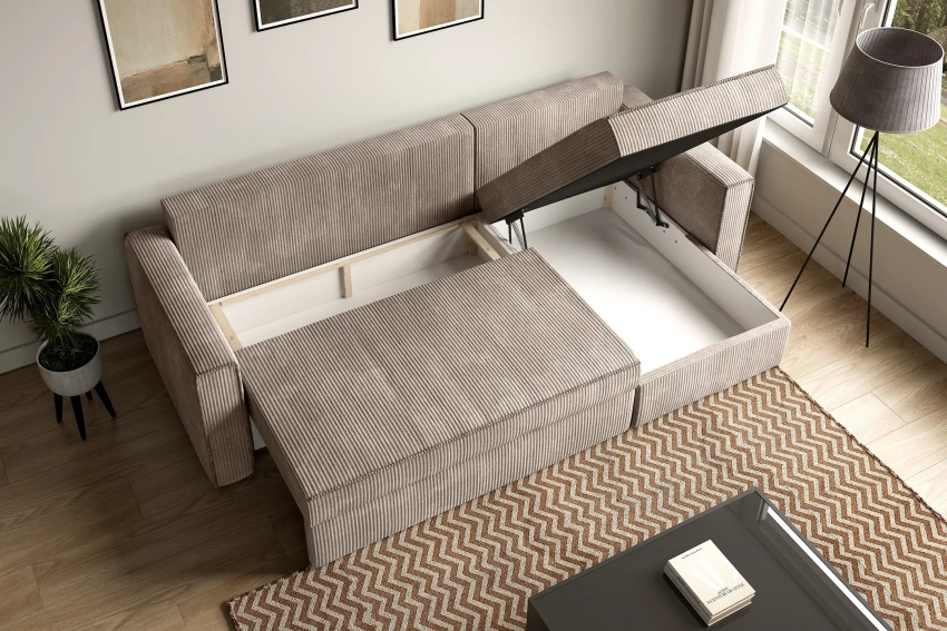 Beżowy narożnik do salonu z funkcją spania Sofia sztruks Poso