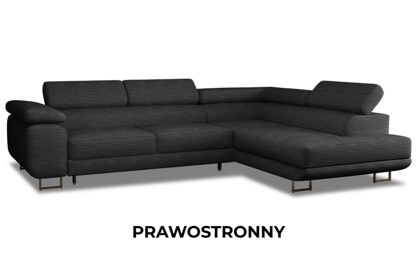 Rozkładany narożnik Rio, rogówka z regulowanymi zagłówkami i pojemnikiem, tkaniny boucle, sztruks, welur velvet