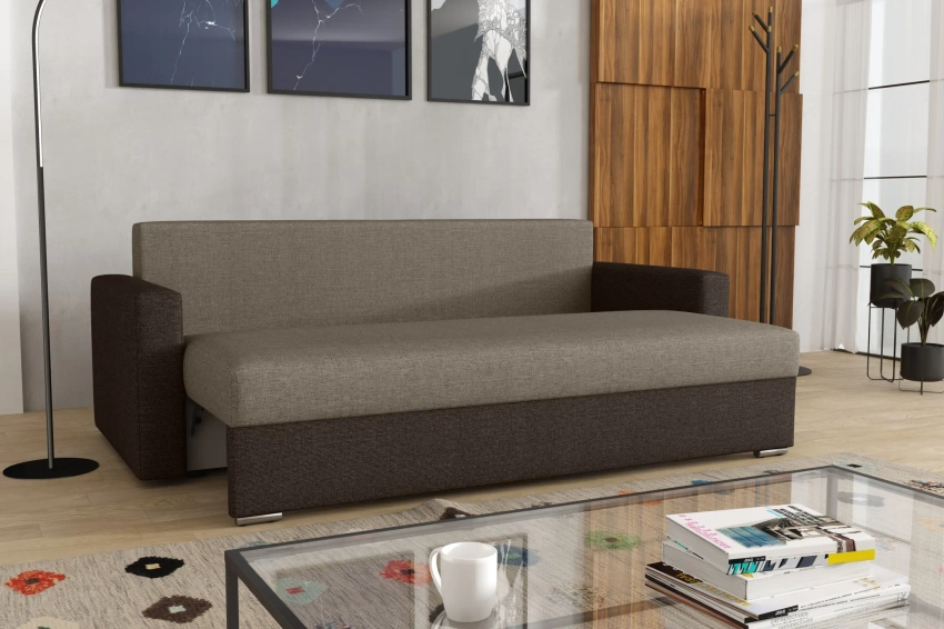 Kanapa Gabryś sofa z funkcją spania w tkaninie plecionka i welurze