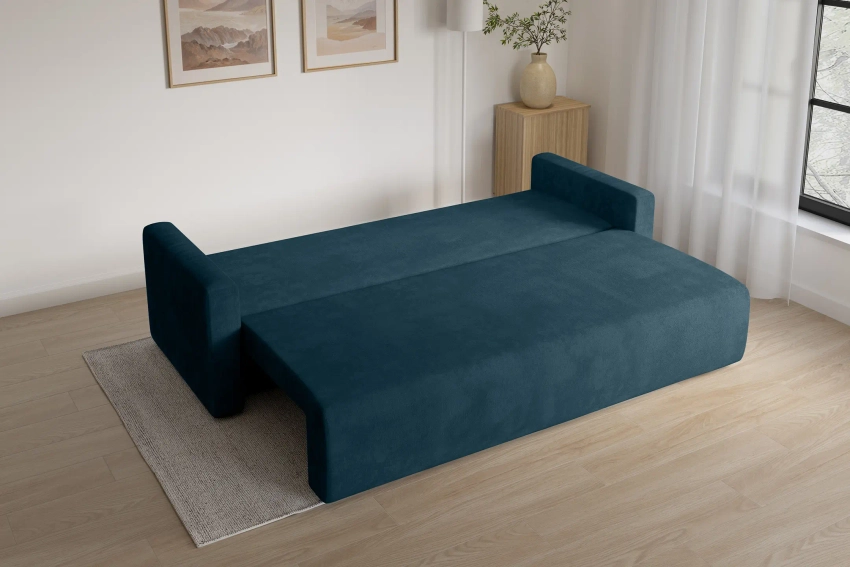 Granatowa kanapa sofa z funkcją spania do salonu Bergamo welur Monolith